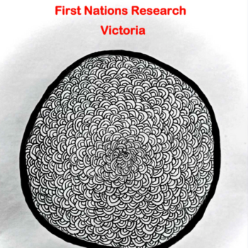 Black and white circular line artwork with the text “First Nations Research Victoria” in red above it.
